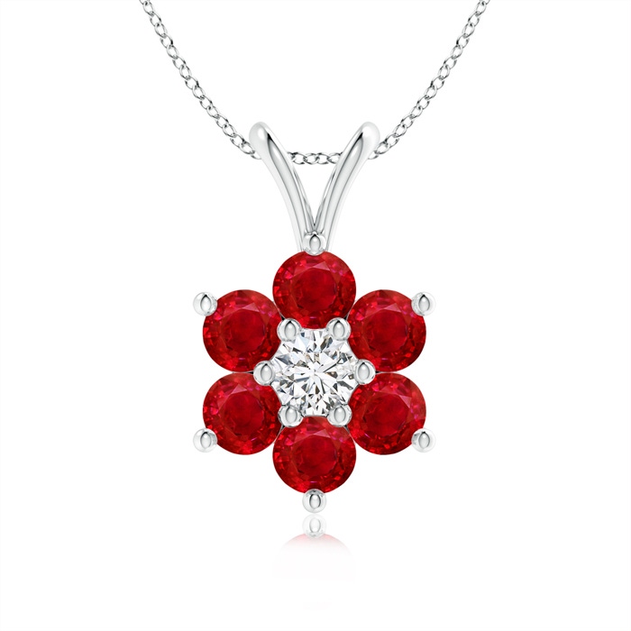 2.5mm AAA Classic Six Petal Ruby Flower Pendant with Diamond in White Gold 