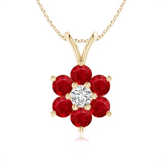 2.5mm AAA Classic Six Petal Ruby Flower Pendant with Diamond in Yellow Gold