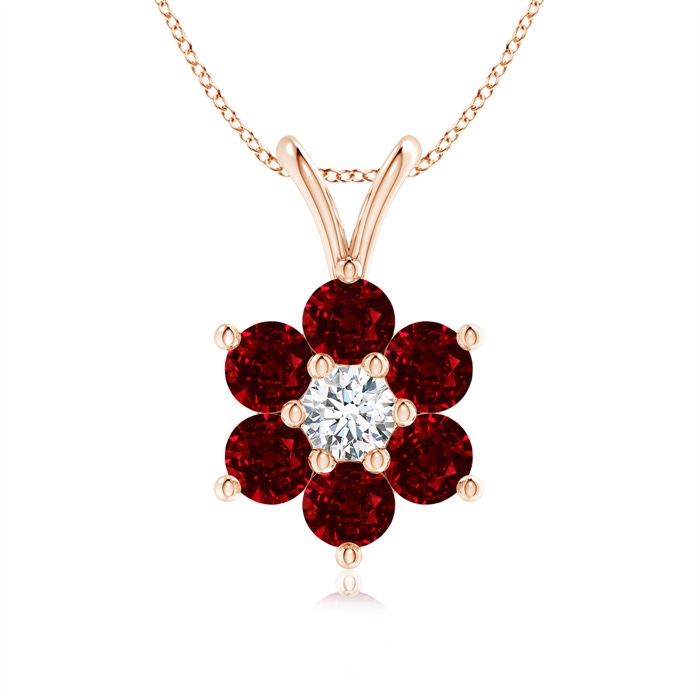 2.5mm AAAA Classic Six Petal Ruby Flower Pendant with Diamond in Rose Gold