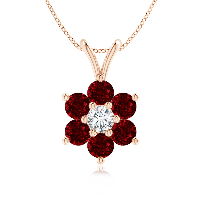 2.5mm AAAA Classic Six Petal Ruby Flower Pendant with Diamond in Rose Gold 