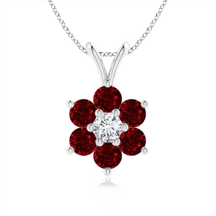 2.5mm AAAA Classic Six Petal Ruby Flower Pendant with Diamond in White Gold 