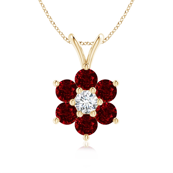 2.5mm AAAA Classic Six Petal Ruby Flower Pendant with Diamond in Yellow Gold