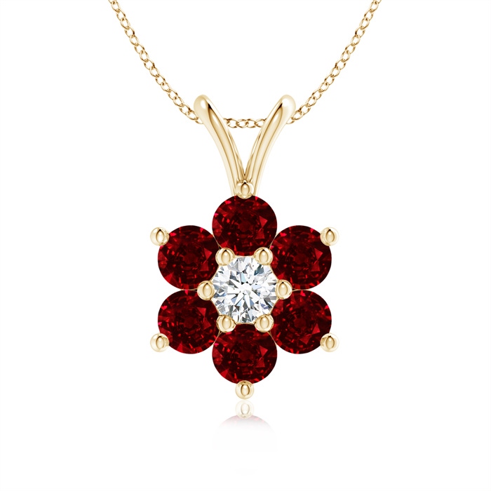 2.5mm AAAA Classic Six Petal Ruby Flower Pendant with Diamond in Yellow Gold 