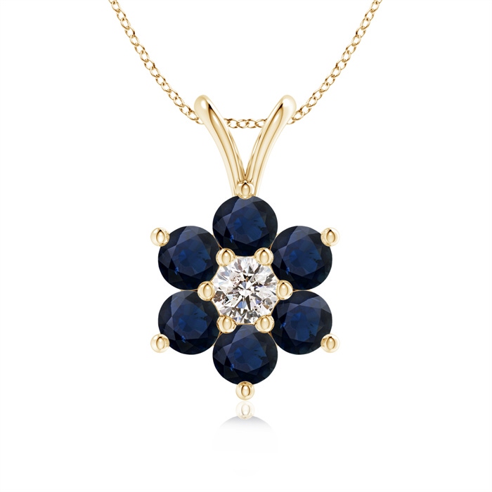 2.5mm A Classic Six Petal Sapphire Flower Pendant with Diamond in Yellow Gold 