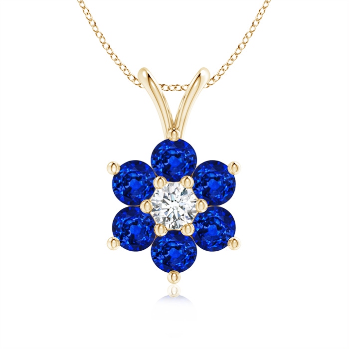 2.5mm AAAA Classic Six Petal Sapphire Flower Pendant with Diamond in Yellow Gold 