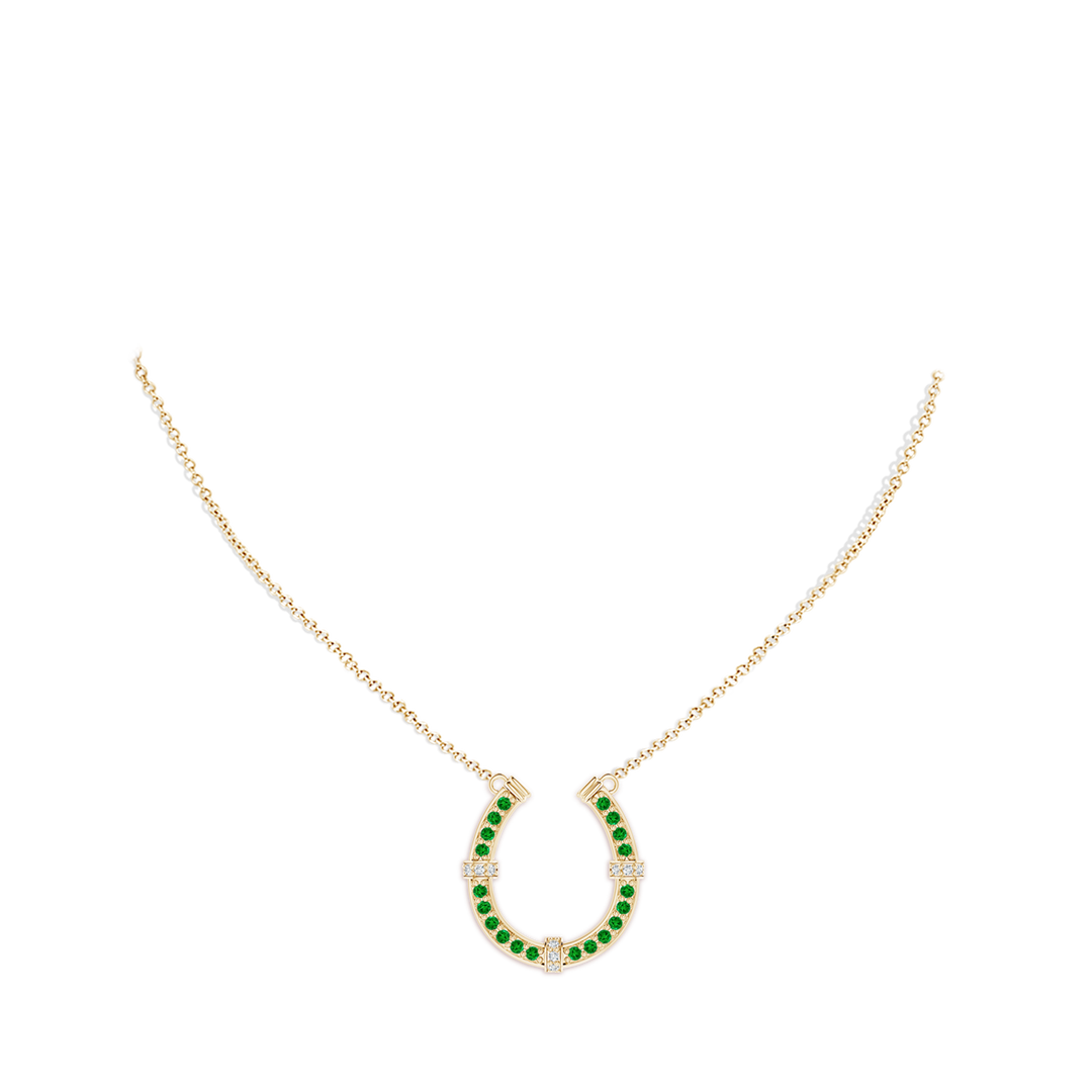1.3mm AAAA Pave-Set Emerald and Diamond Horseshoe Pendant Necklace in Yellow Gold - body_neck