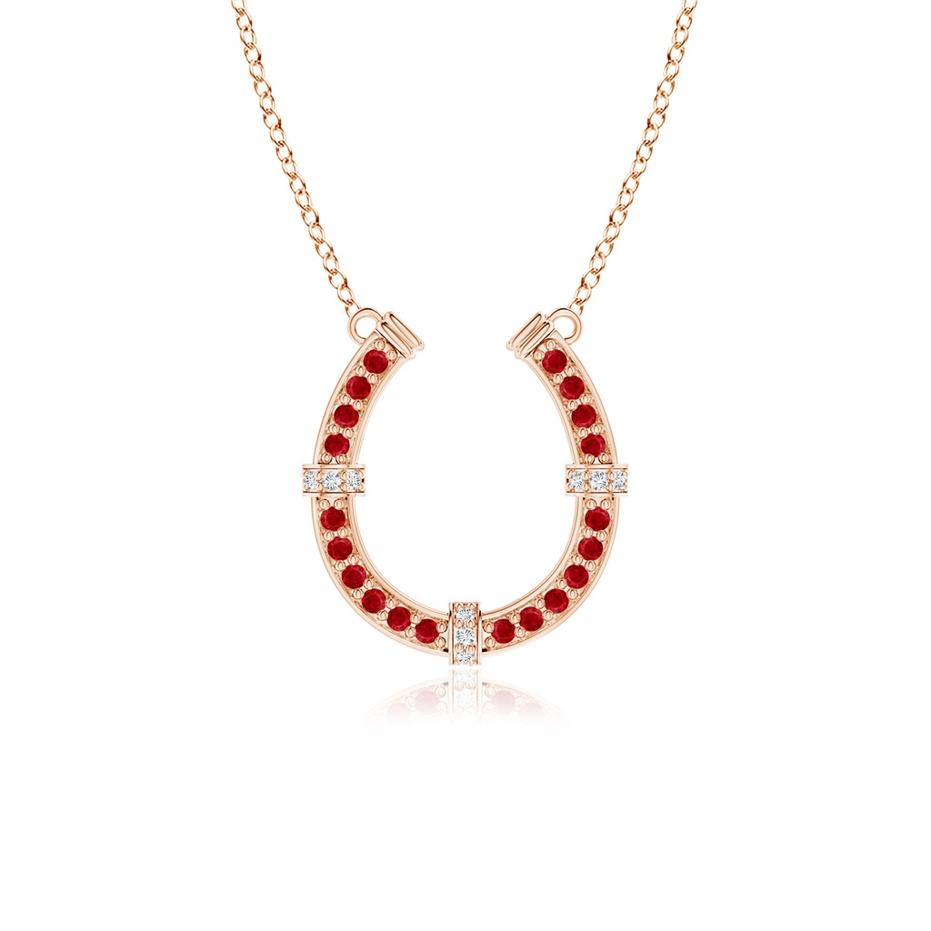 1.3mm AAA Pave-Set Ruby and Diamond Horseshoe Pendant Necklace in Rose Gold 