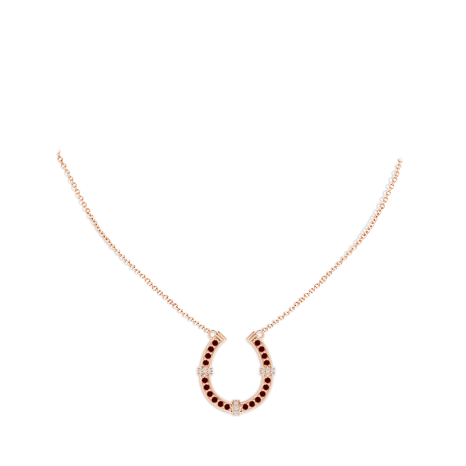 1.3mm AAAA Pave-Set Ruby and Diamond Horseshoe Pendant Necklace in Rose Gold - body_neck