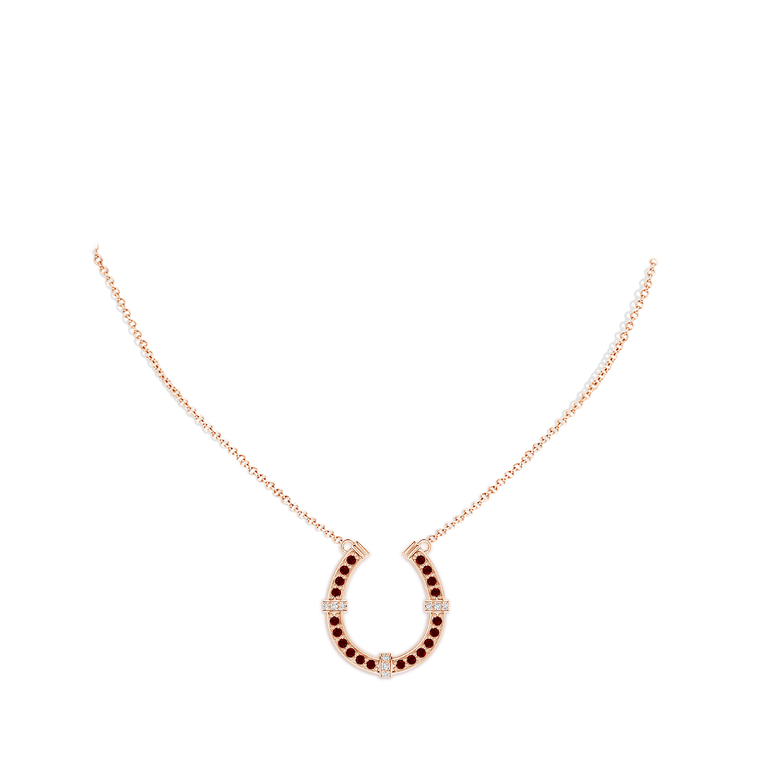 1.3mm AAAA Pave-Set Ruby and Diamond Horseshoe Pendant Necklace in Rose Gold - body_neck