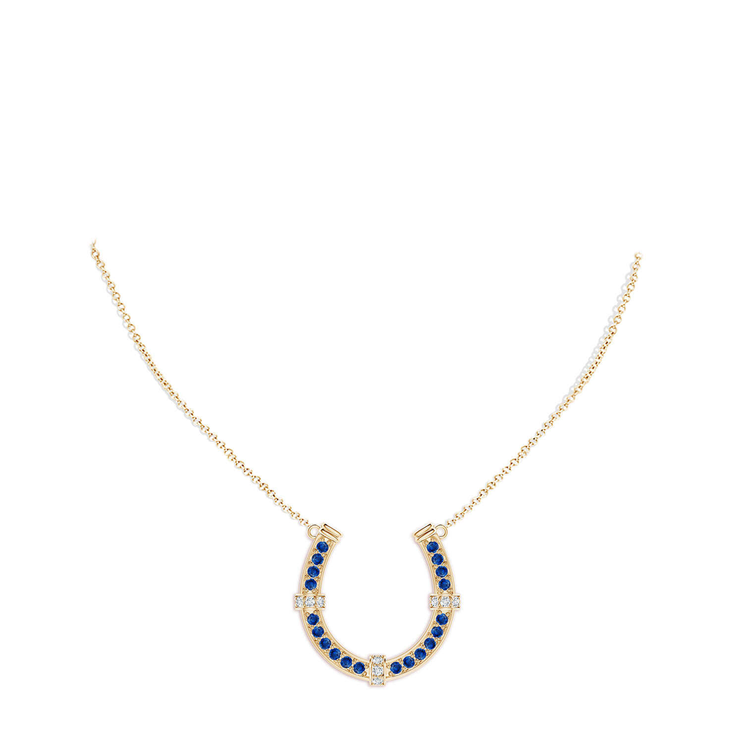 2.5mm AAA Pav�-Set Blue Sapphire and Diamond Horseshoe Pendant Necklace in Yellow Gold - body_neck