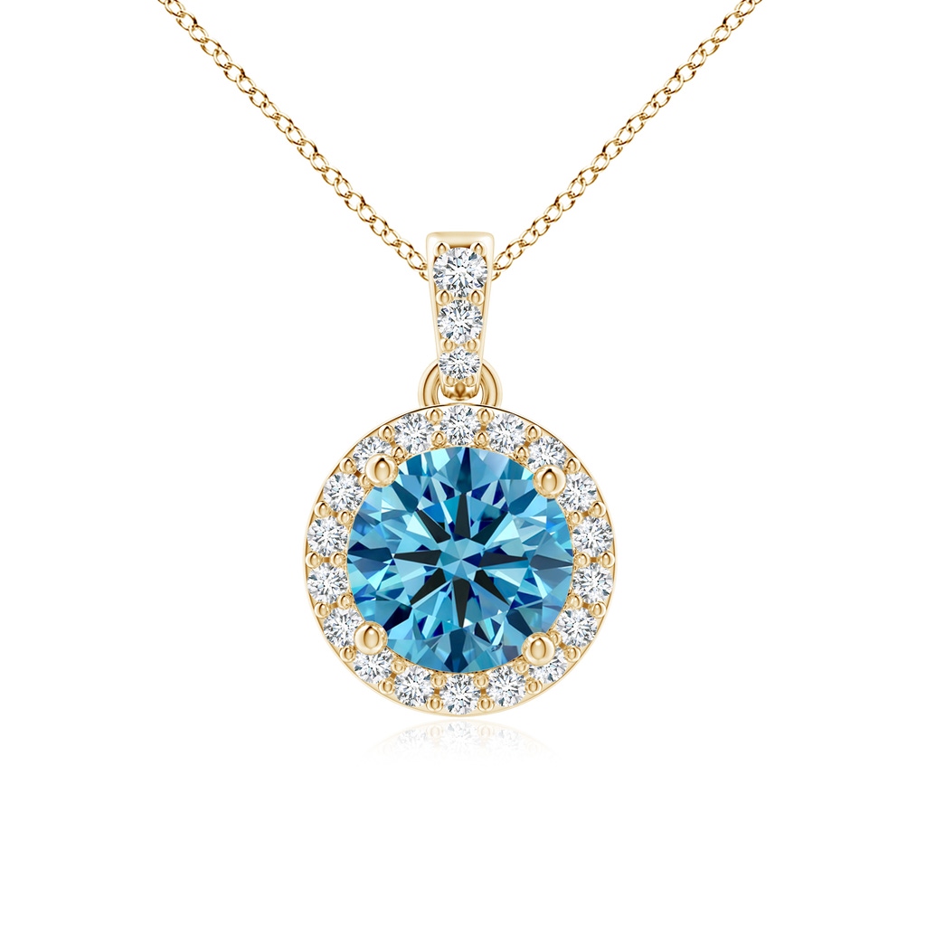 6mm AAAA Round Fancy Intense Blue Diamond Dangle Pendant with Halo in Yellow Gold