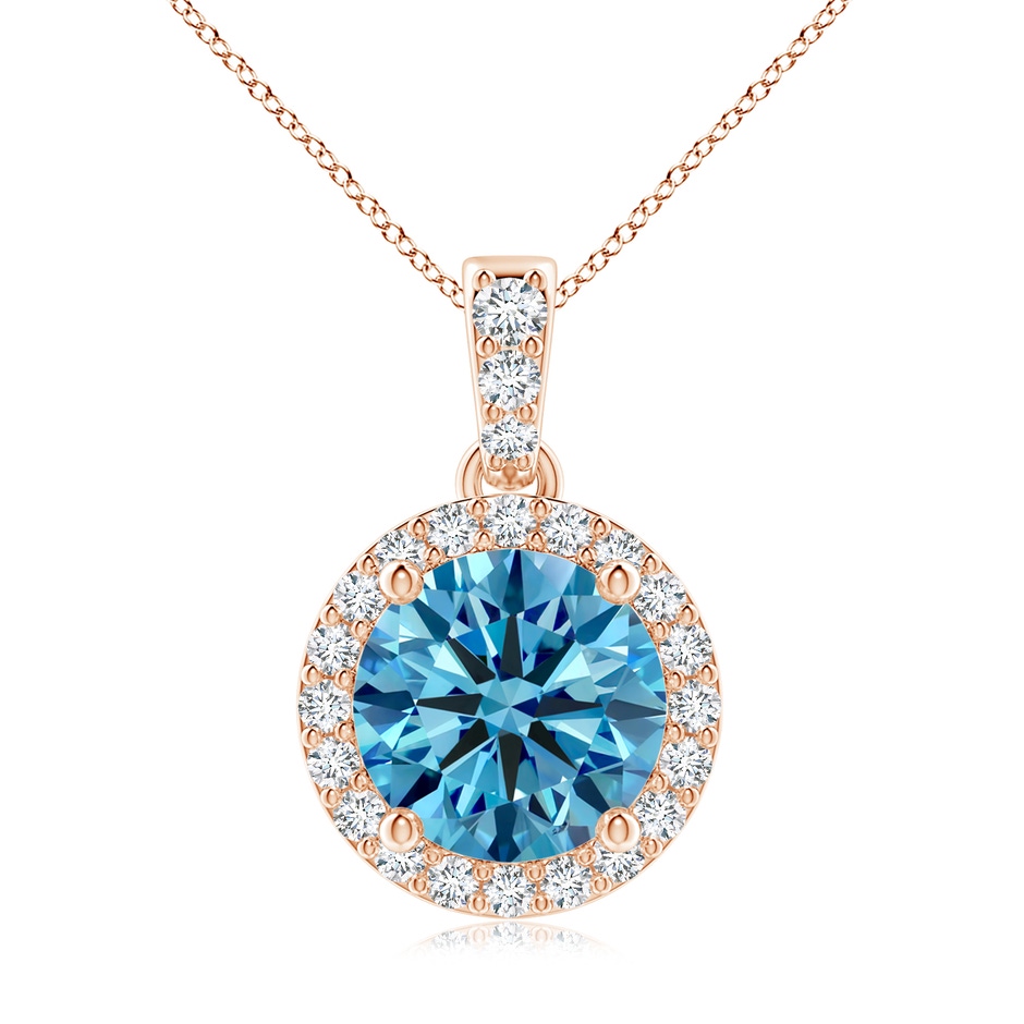 8.1mm AAAA Round Fancy Intense Blue Diamond Dangle Pendant with Halo in Rose Gold 