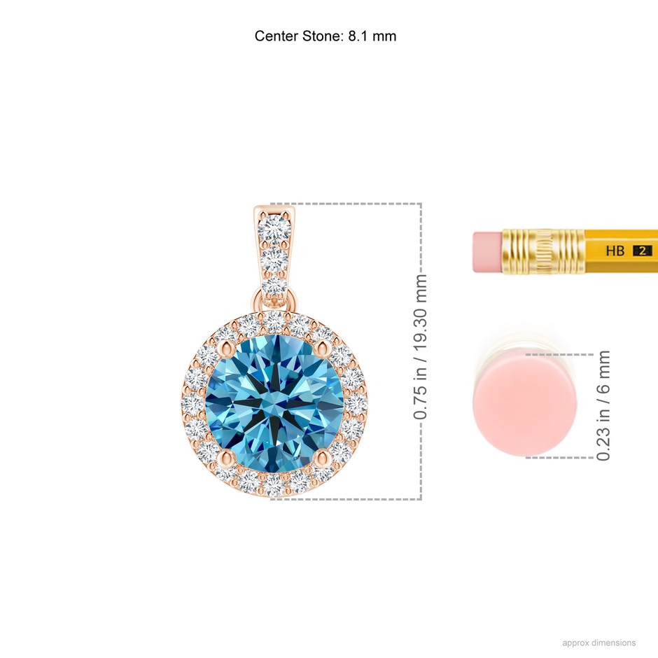 8.1mm AAAA Round Fancy Intense Blue Diamond Dangle Pendant with Halo in Rose Gold ruler