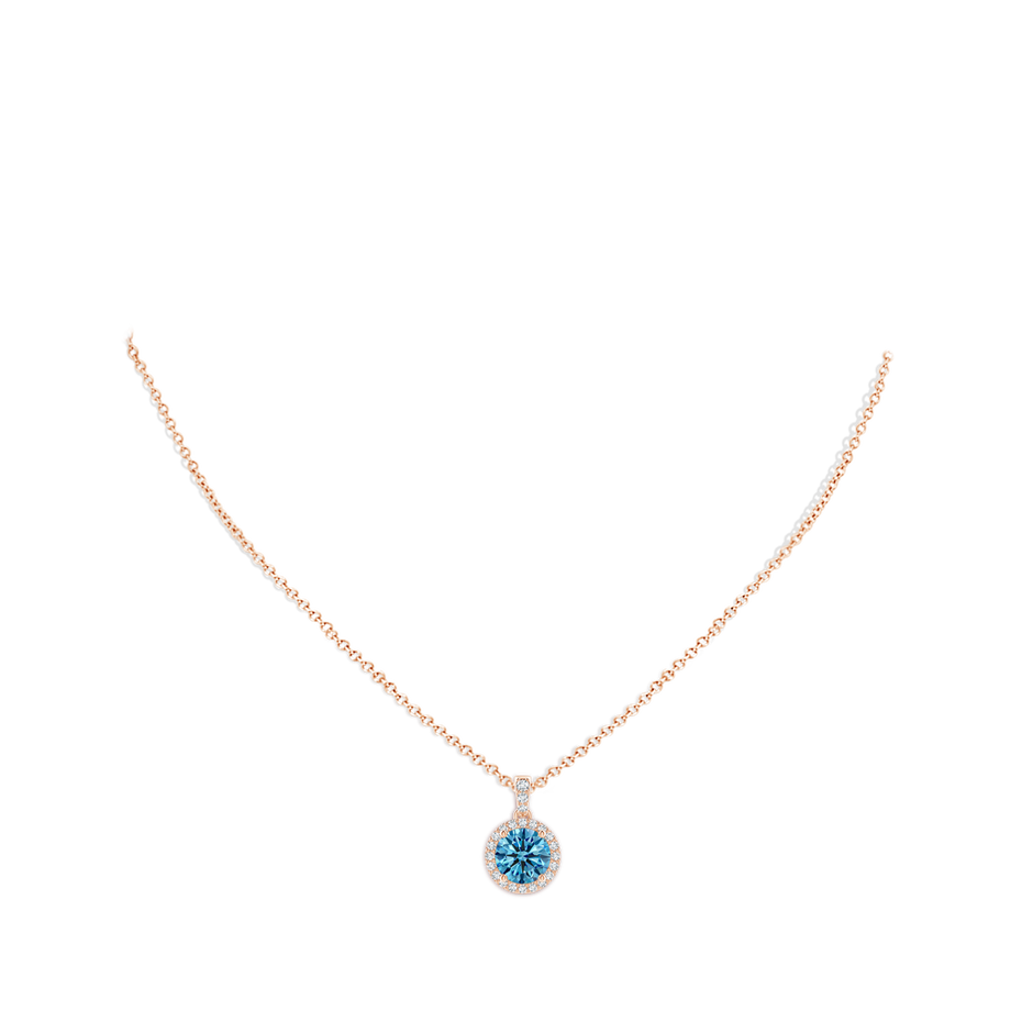 8.1mm AAAA Round Fancy Intense Blue Diamond Dangle Pendant with Halo in Rose Gold pen
