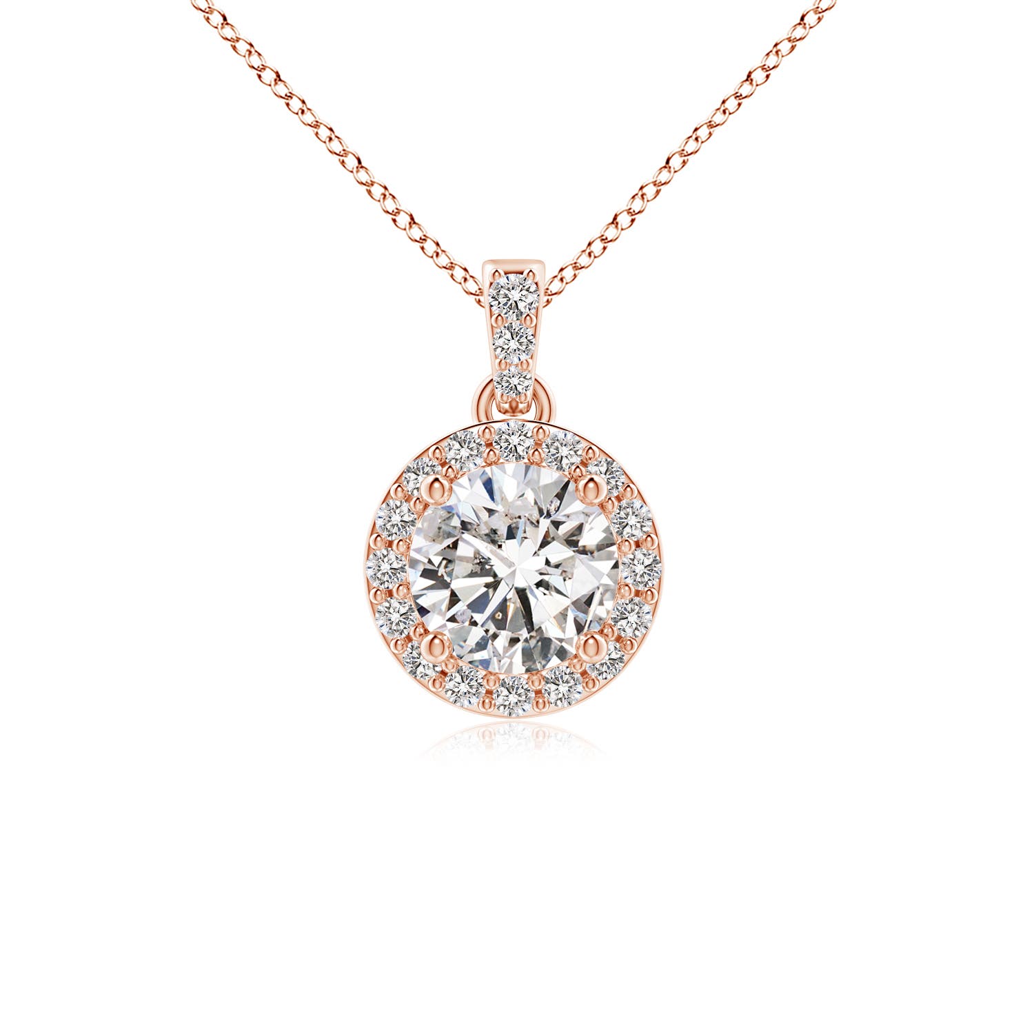 5mm IJI1I2 Round Diamond Dangle Pendant with Halo in 18K Rose Gold
