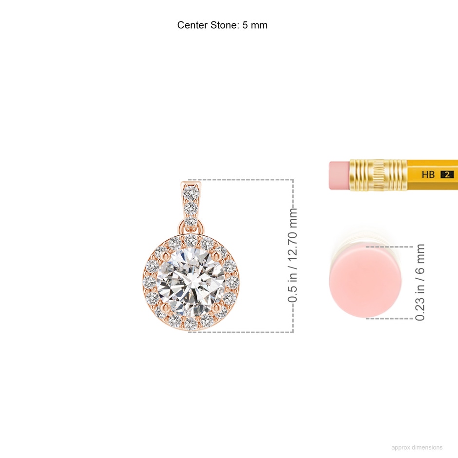 5mm IJI1I2 Round Diamond Dangle Pendant with Halo in Rose Gold ruler