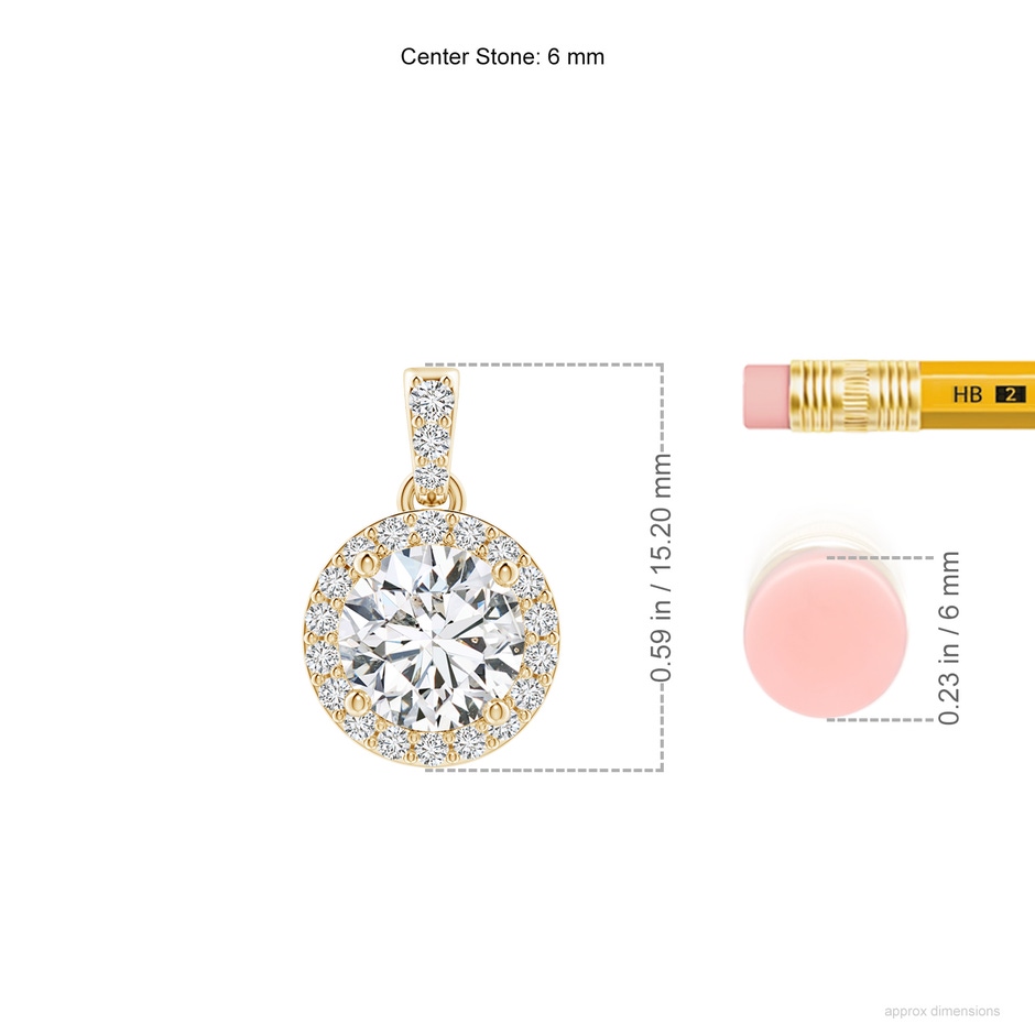 6mm HSI2 Round Diamond Dangle Pendant with Halo in Yellow Gold ruler