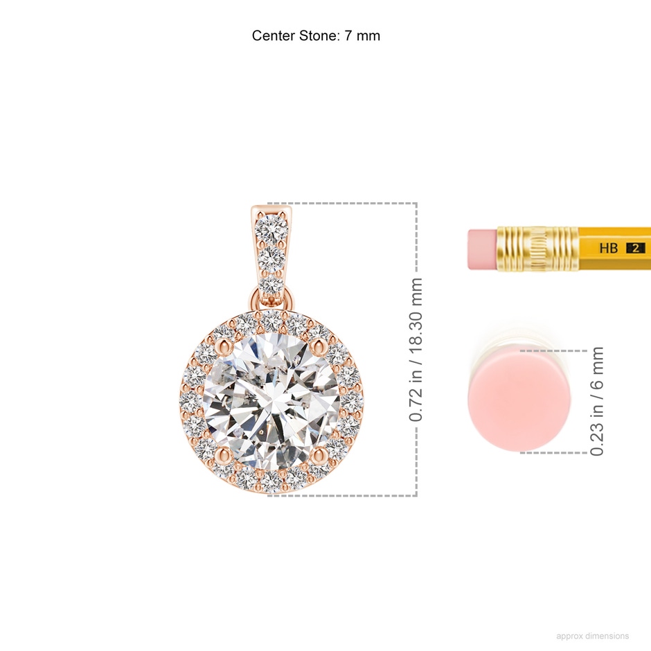 7mm IJI1I2 Round Diamond Dangle Pendant with Halo in Rose Gold ruler