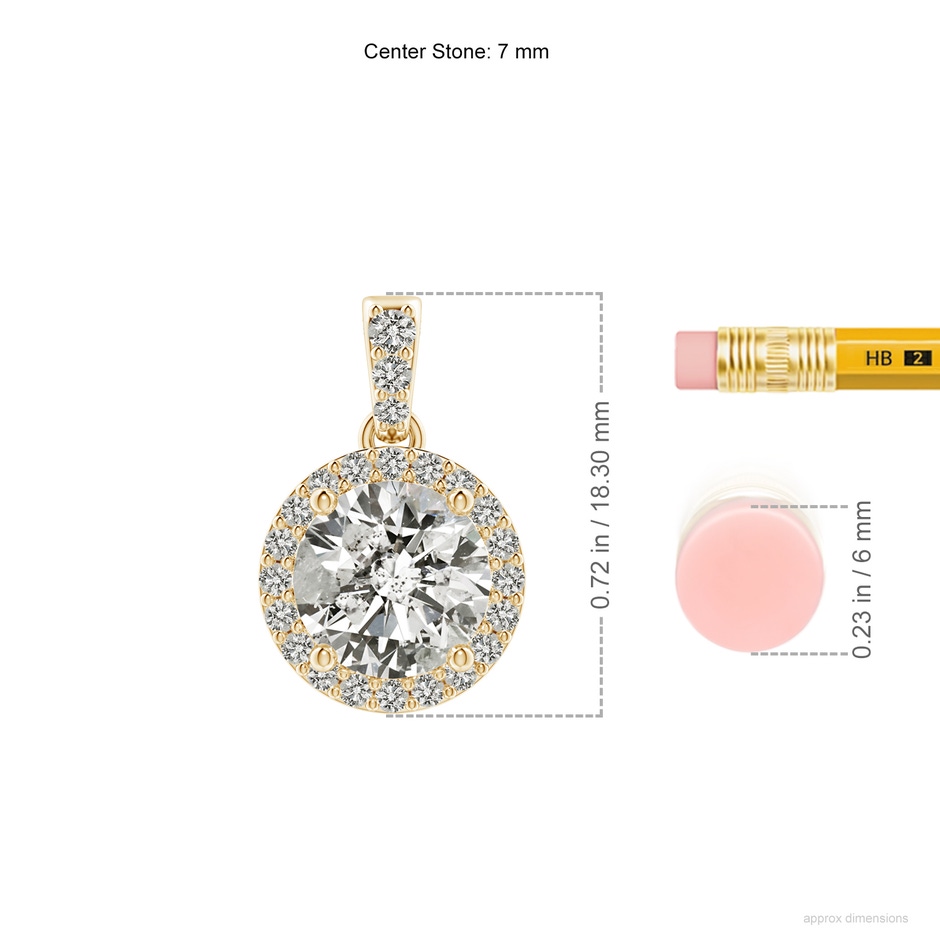7mm KI3 Round Diamond Dangle Pendant with Halo in Yellow Gold ruler