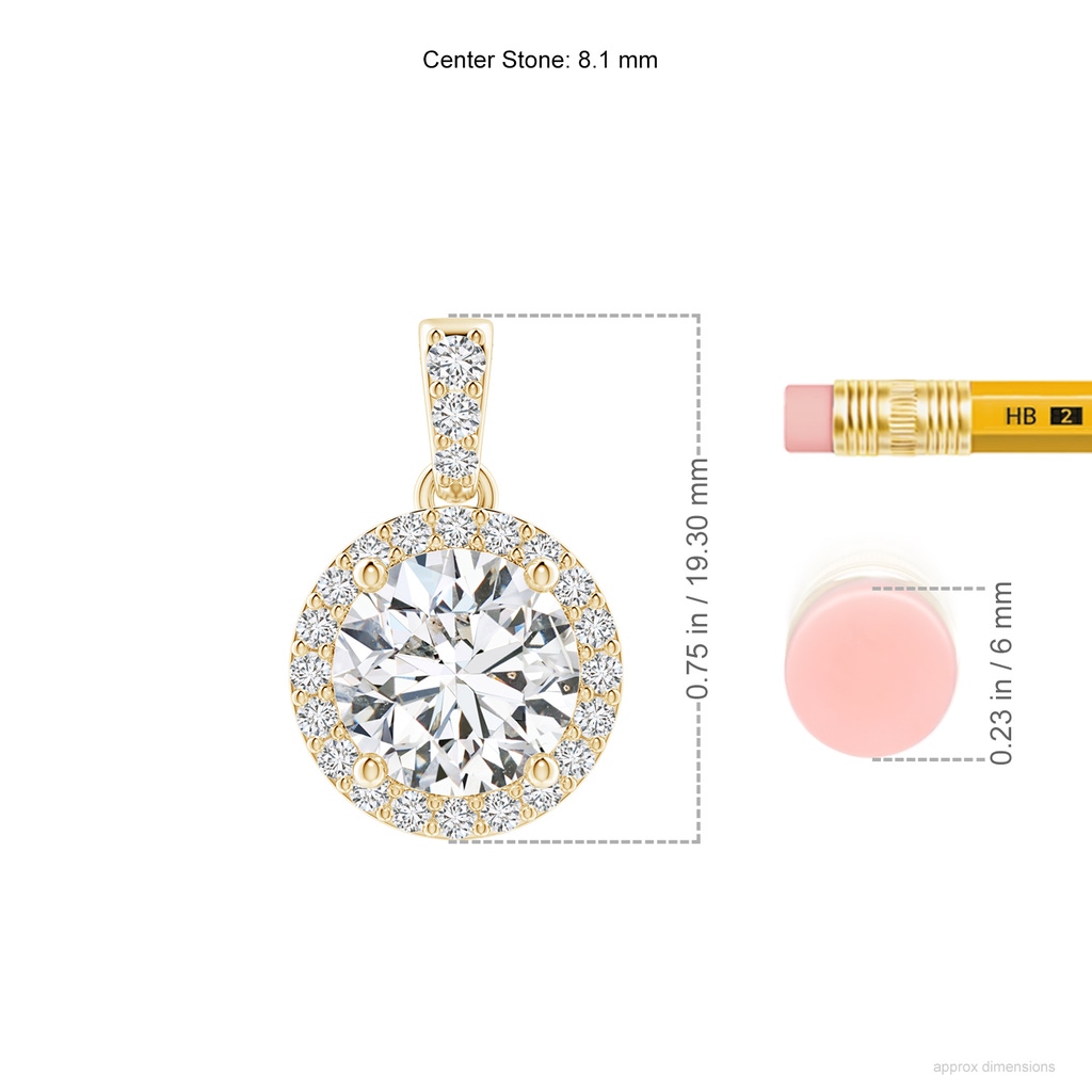 8.1mm HSI2 Round Diamond Dangle Pendant with Halo in Yellow Gold ruler