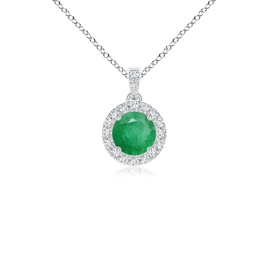 4mm A Round Emerald Dangle Pendant with Diamond Halo in White Gold 