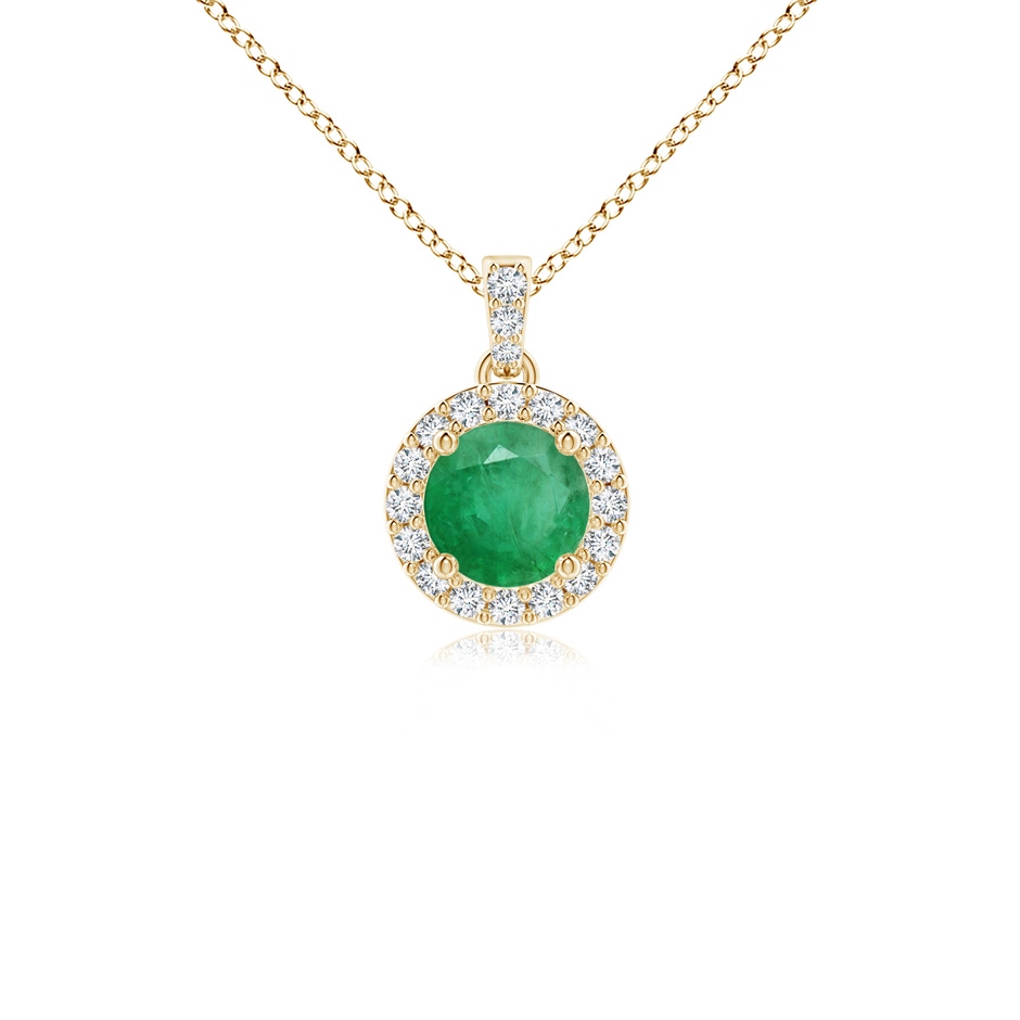 4mm A Round Emerald Dangle Pendant with Diamond Halo in Yellow Gold 