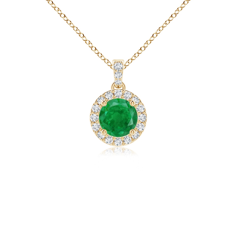 4mm AA Round Emerald Dangle Pendant with Diamond Halo in Yellow Gold 