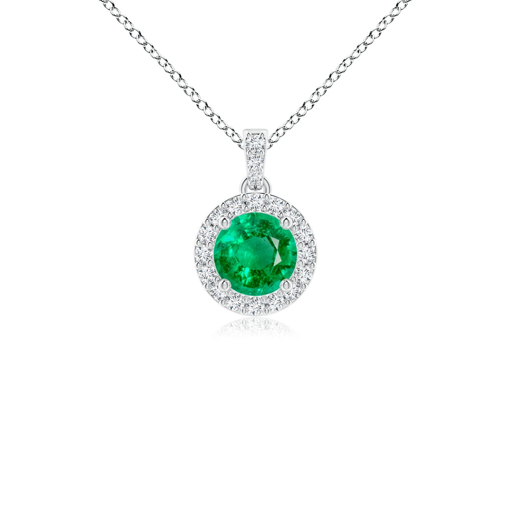 4mm AAA Round Emerald Dangle Pendant with Diamond Halo in White Gold 