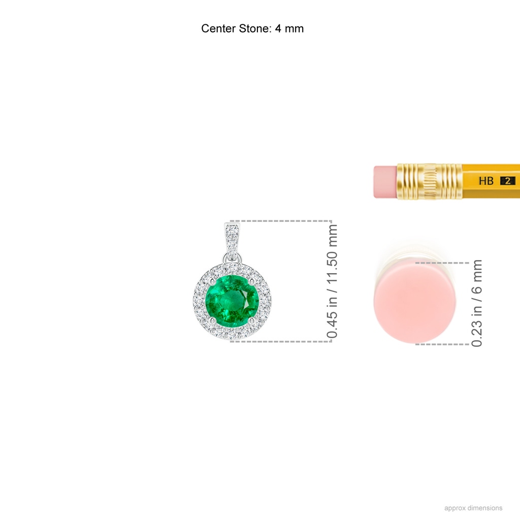 4mm AAA Round Emerald Dangle Pendant with Diamond Halo in White Gold ruler