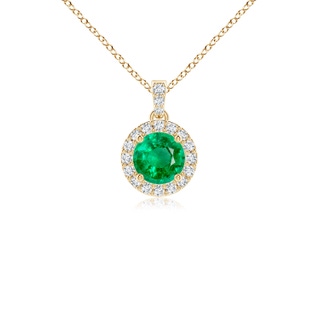 4mm AAA Round Emerald Dangle Pendant with Diamond Halo in Yellow Gold