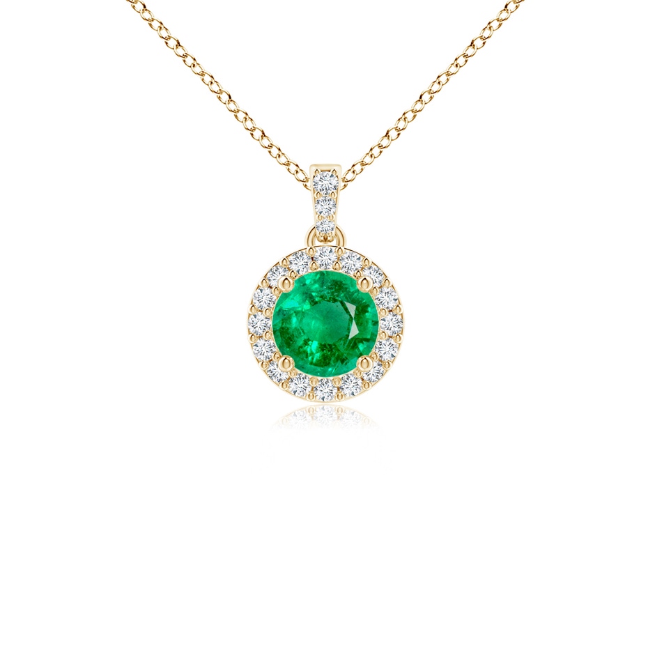 4mm AAA Round Emerald Dangle Pendant with Diamond Halo in Yellow Gold 
