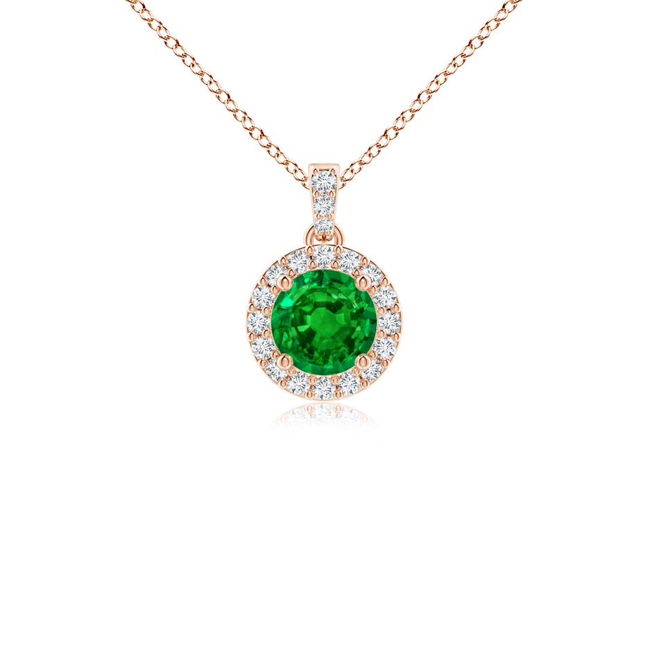 4mm AAAA Round Emerald Dangle Pendant with Diamond Halo in Rose Gold 