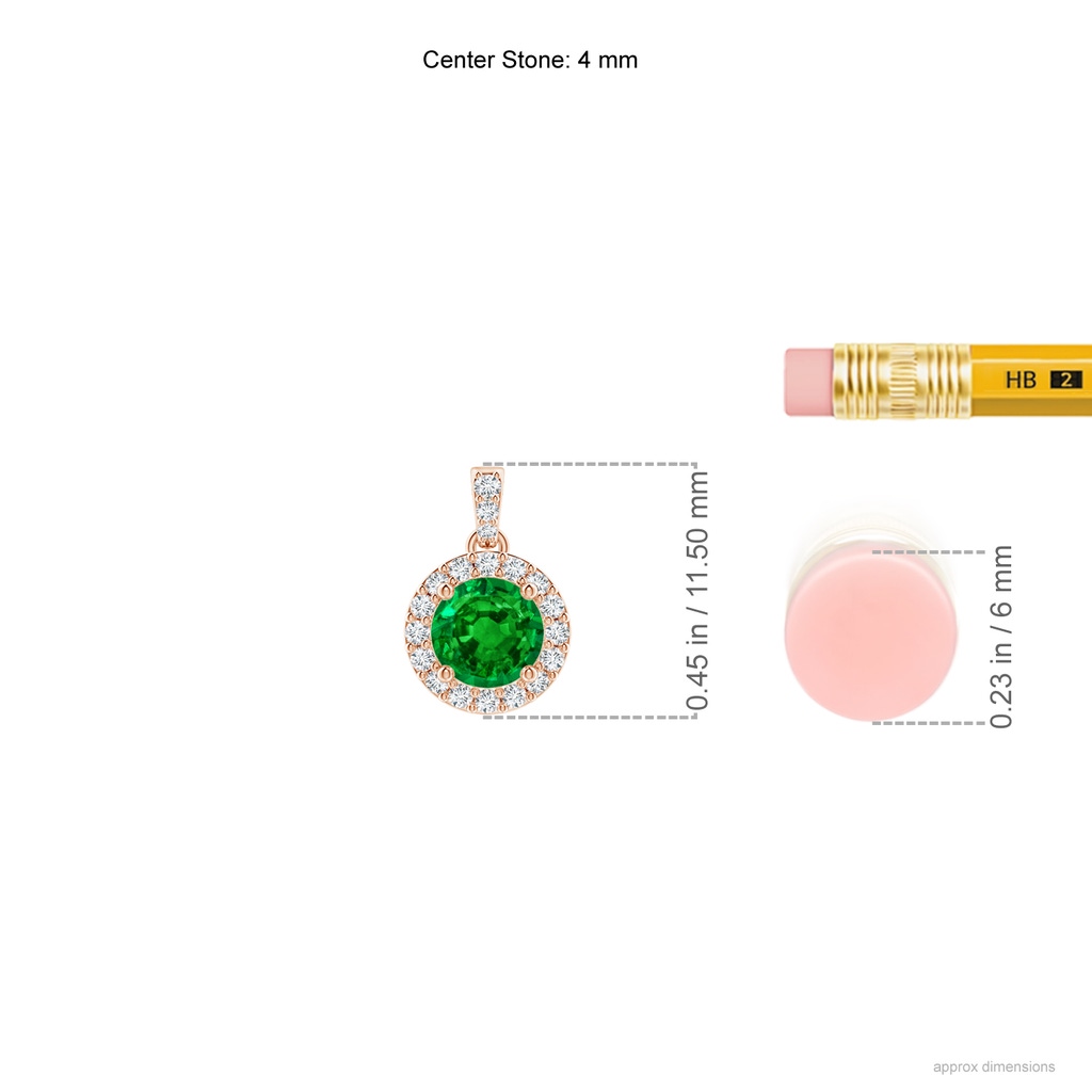 4mm AAAA Round Emerald Dangle Pendant with Diamond Halo in Rose Gold ruler