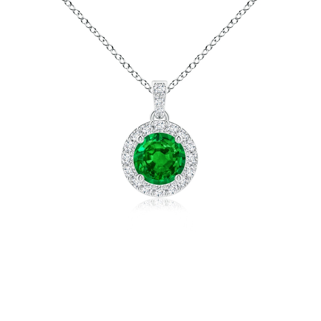 4mm AAAA Round Emerald Dangle Pendant with Diamond Halo in White Gold
