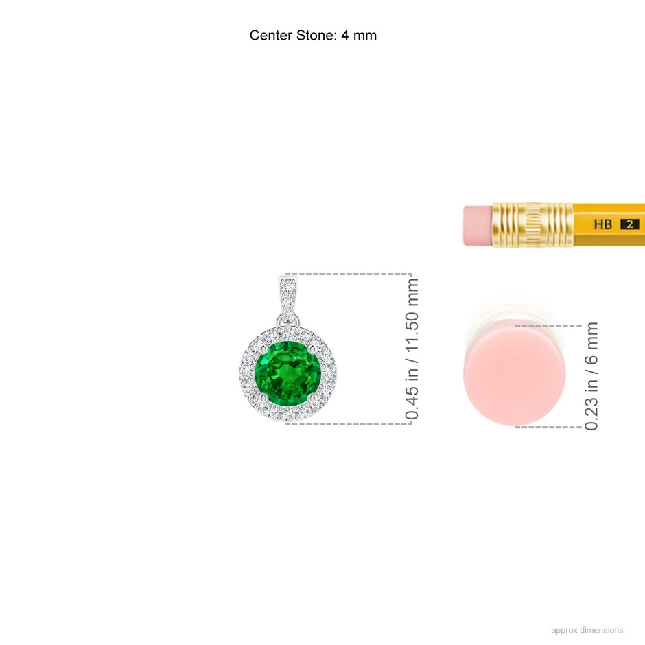 4mm AAAA Round Emerald Dangle Pendant with Diamond Halo in White Gold ruler