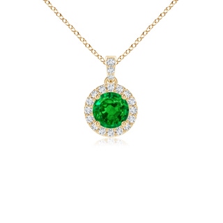 4mm AAAA Round Emerald Dangle Pendant with Diamond Halo in Yellow Gold