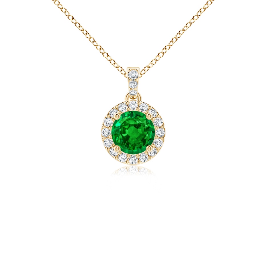 4mm AAAA Round Emerald Dangle Pendant with Diamond Halo in Yellow Gold 