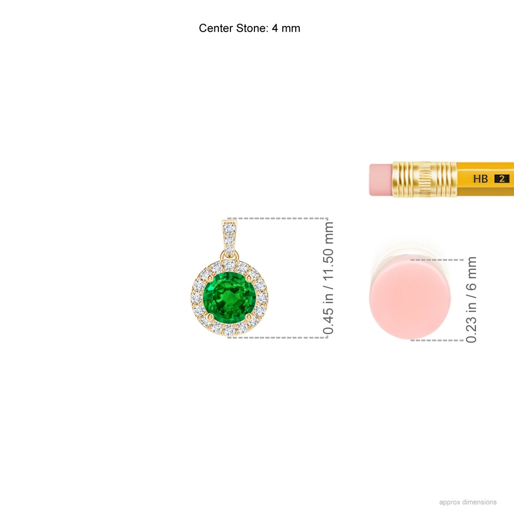 4mm AAAA Round Emerald Dangle Pendant with Diamond Halo in Yellow Gold ruler