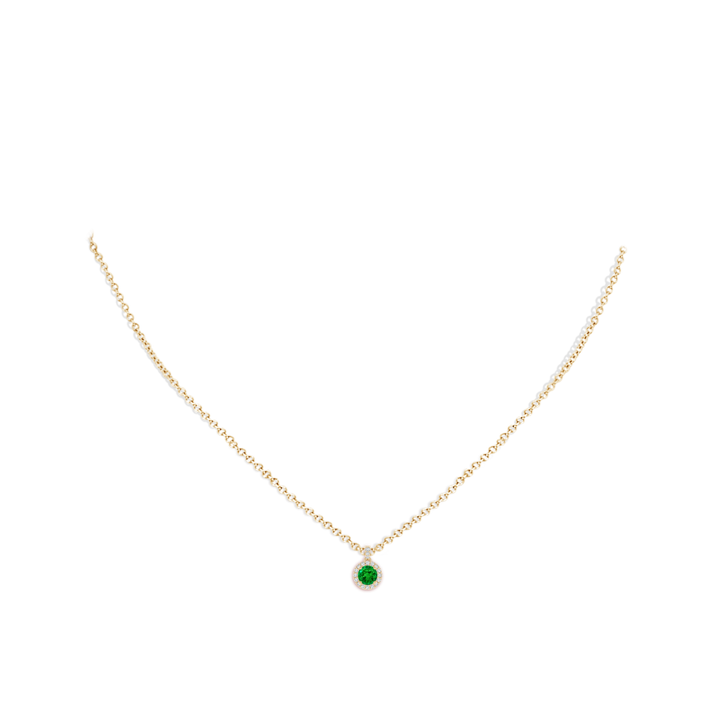 4mm AAAA Round Emerald Dangle Pendant with Diamond Halo in Yellow Gold pen