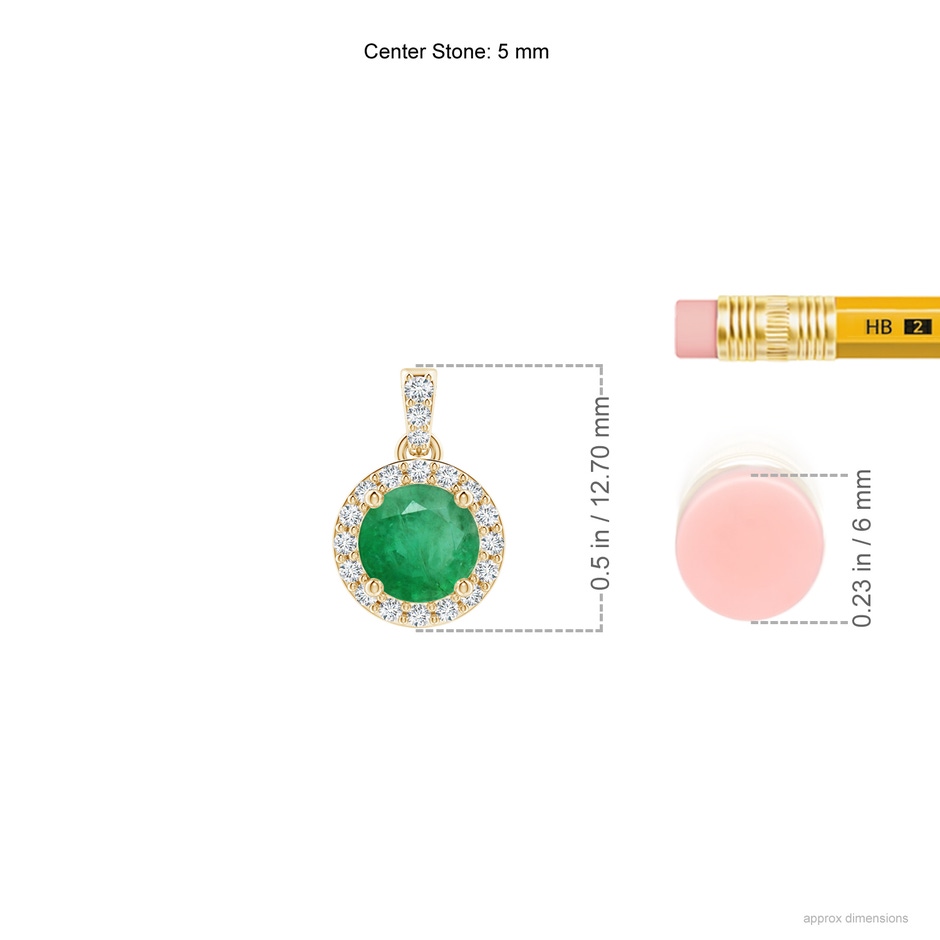 5mm A Round Emerald Dangle Pendant with Diamond Halo in Yellow Gold ruler