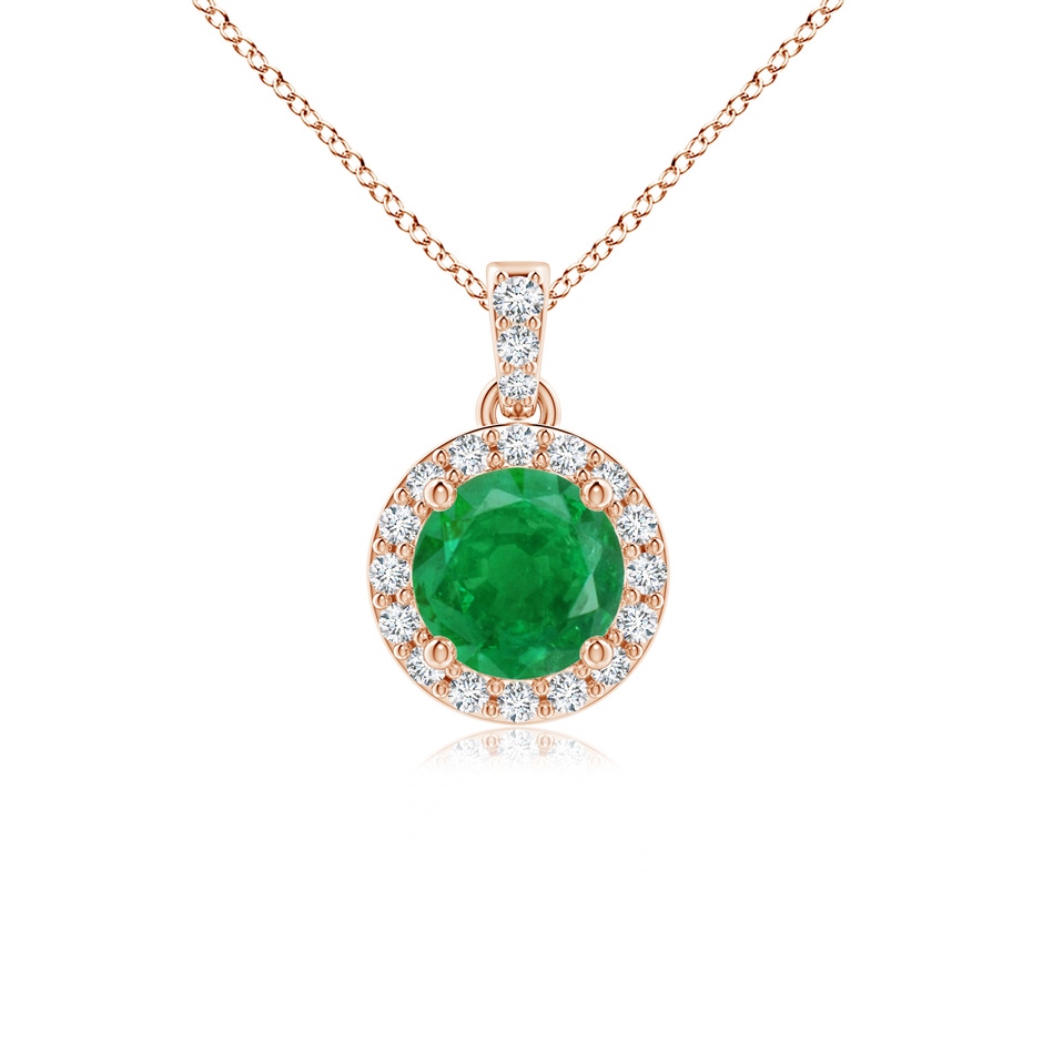 5mm AA Round Emerald Dangle Pendant with Diamond Halo in Rose Gold 