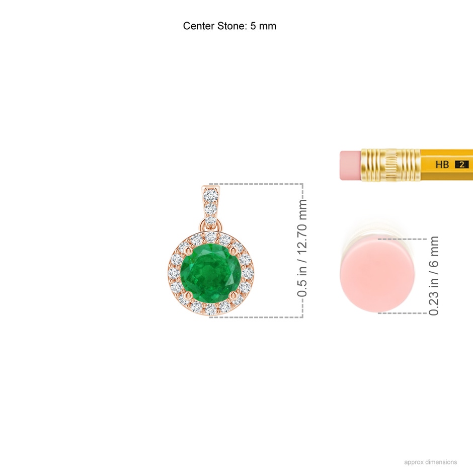 5mm AA Round Emerald Dangle Pendant with Diamond Halo in Rose Gold ruler