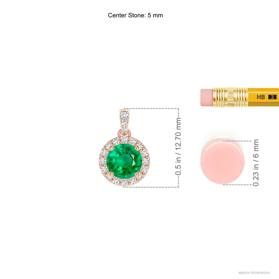 5mm AAA Round Emerald Dangle Pendant with Diamond Halo in Rose Gold ruler