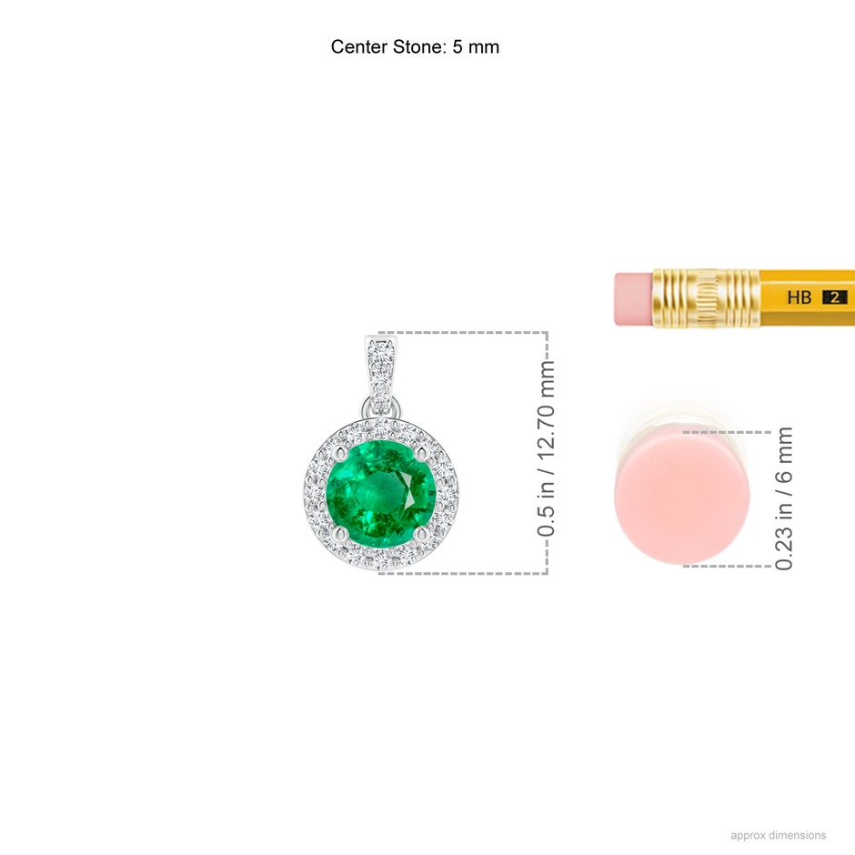 5mm AAA Round Emerald Dangle Pendant with Diamond Halo in White Gold ruler