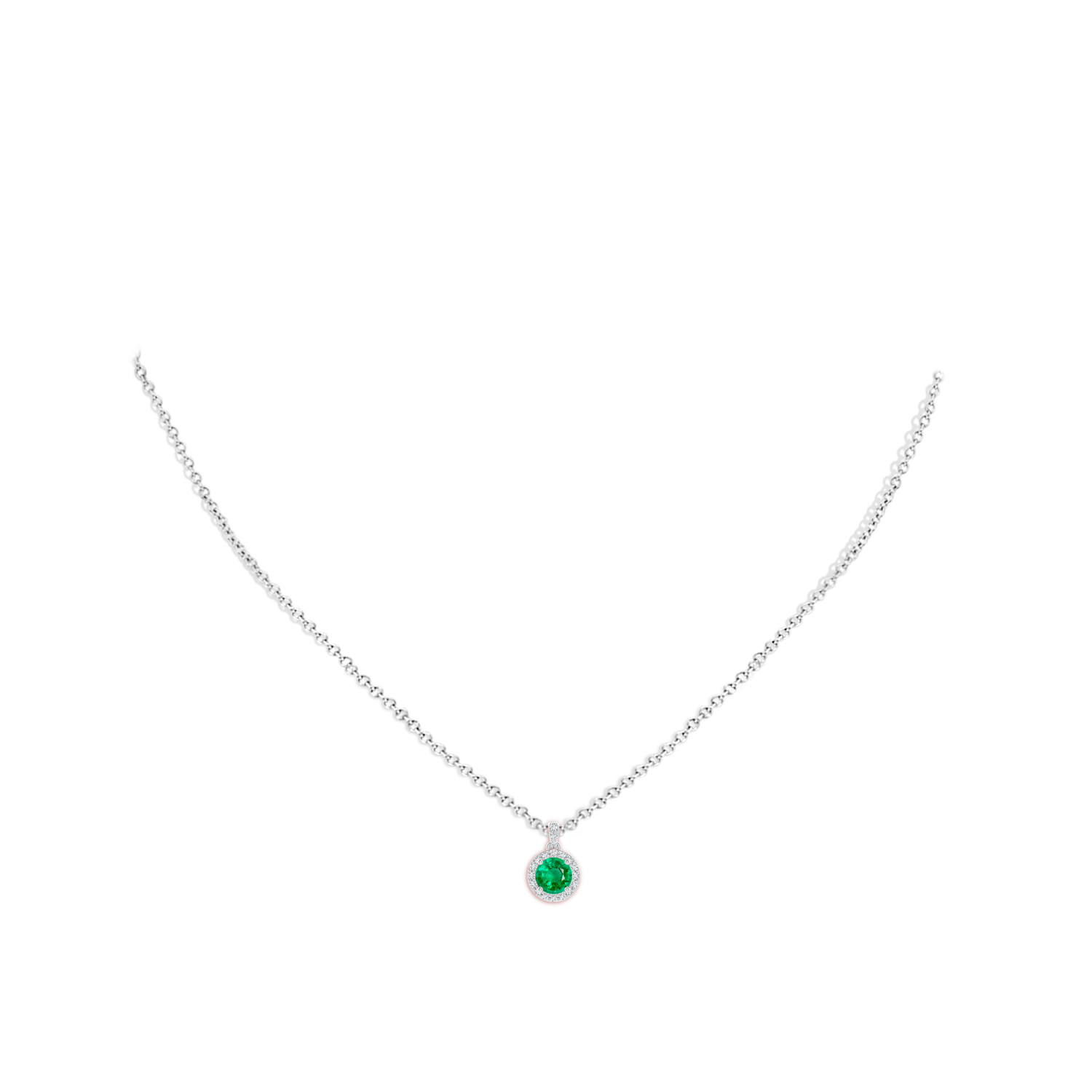 5mm AAA Round Emerald Dangle Pendant with Diamond Halo in White Gold - body_neck