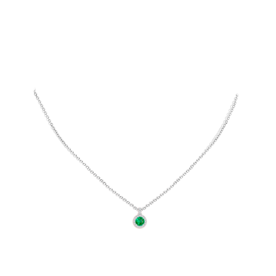 5mm AAA Round Emerald Dangle Pendant with Diamond Halo in White Gold - body_neck