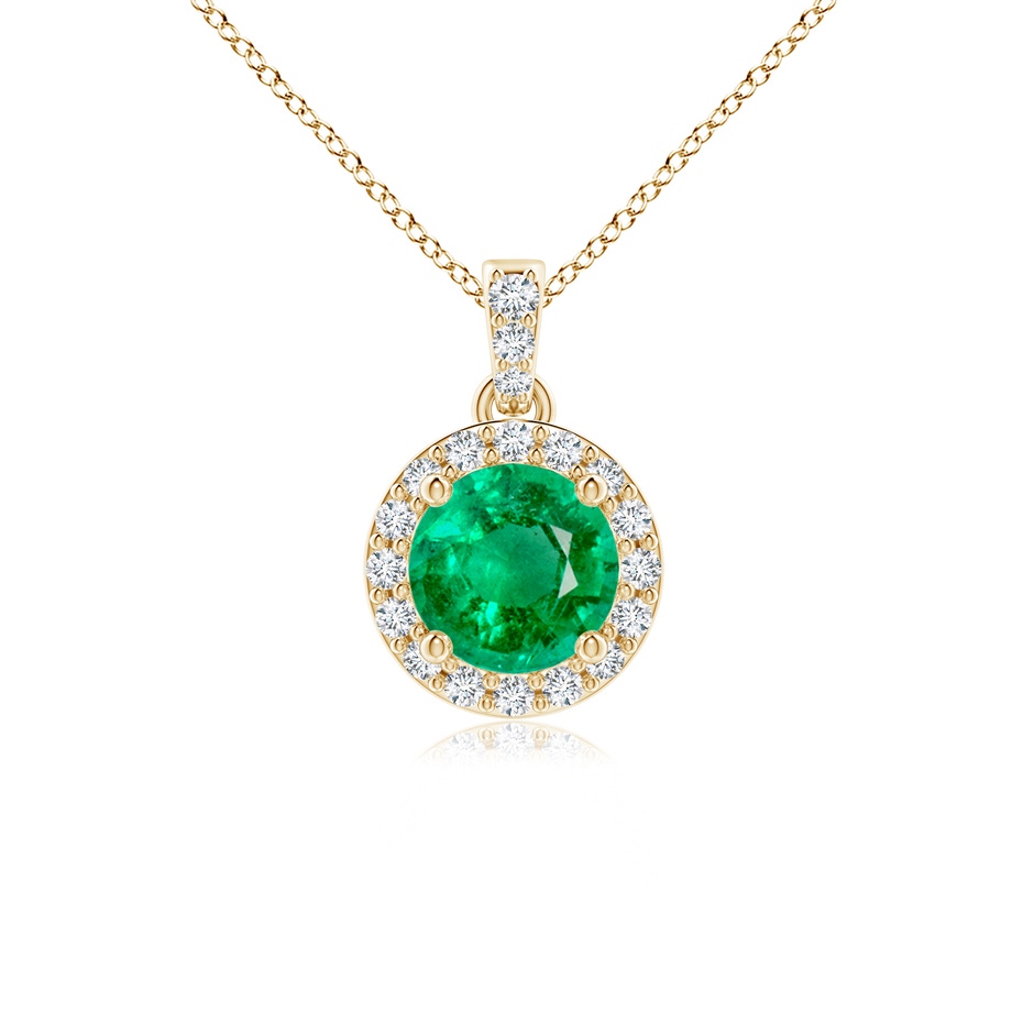 5mm AAA Round Emerald Dangle Pendant with Diamond Halo in Yellow Gold 