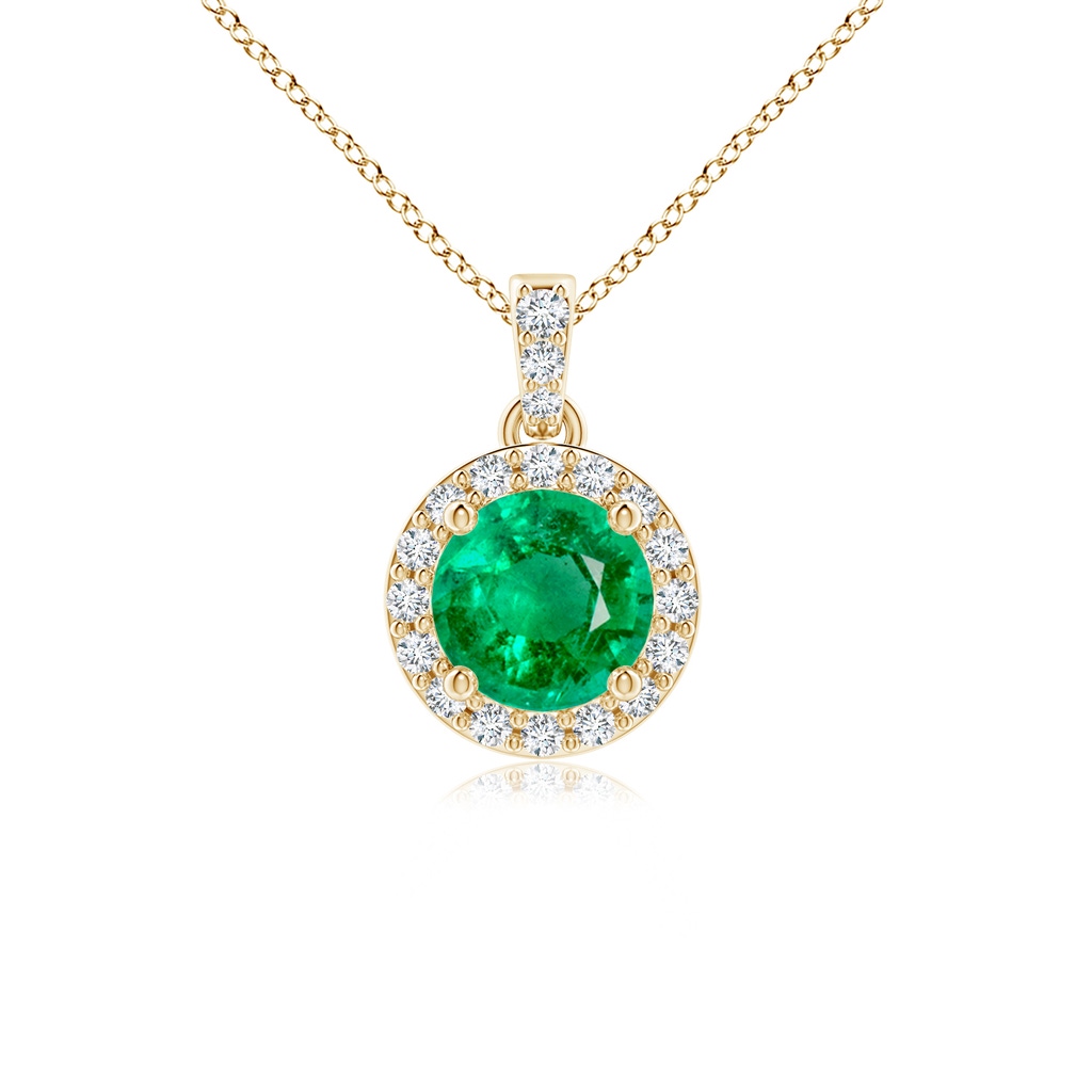5mm AAA Round Emerald Dangle Pendant with Diamond Halo in Yellow Gold