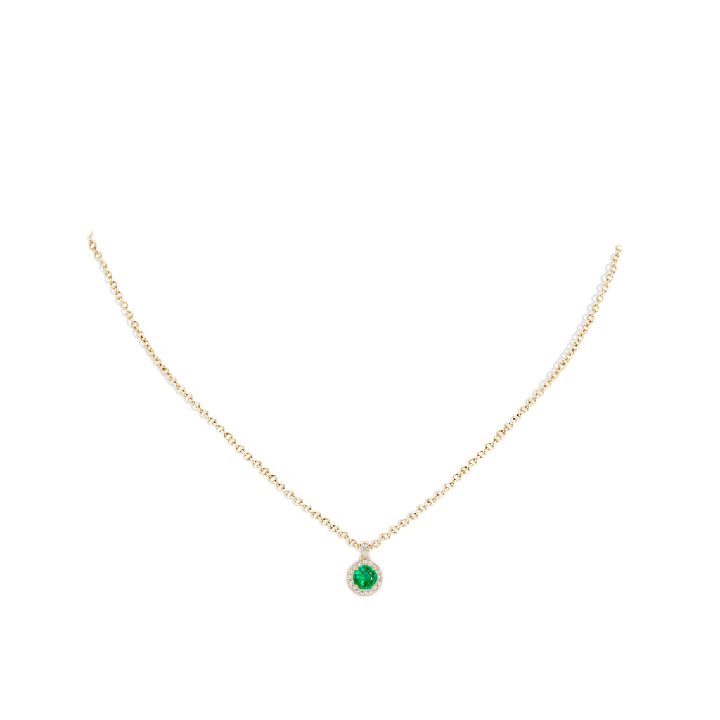 5mm AAA Round Emerald Dangle Pendant with Diamond Halo in Yellow Gold pen