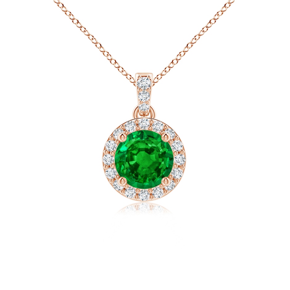 5mm AAAA Round Emerald Dangle Pendant with Diamond Halo in Rose Gold 